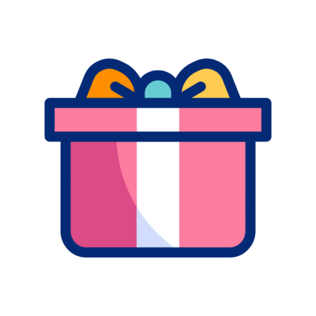 קופסת מתנה ורודה עם פס אנכי לבן, קווי מתאר כחולים וקשת כחולה וכתומה בחלק העליון, מוצגת על רקע לבן.