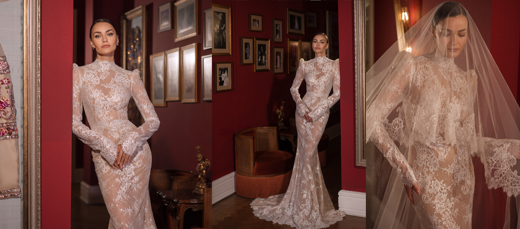 אישה בשמלת כלה ארוכת שרוולים, עם צווארון גבוה ותחרה, מצטלמת בחדר אלגנטי עם קירות אדומים ותמונות ממוסגרות; בתמונה אחת היא חובשת צעיף תחרה ארוך.