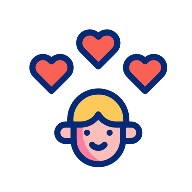 איור פשוט של פנים מחייכות עם שיער בלונדיני ושלושה לבבות אדומים מעל הראש, המסמלים אושר או אהבה, על רקע לבן.